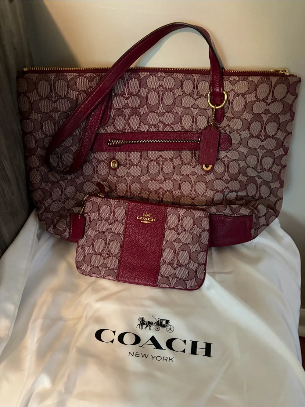 Coach Monogram Tote with Matching Wristlet in Burgundy and Pink